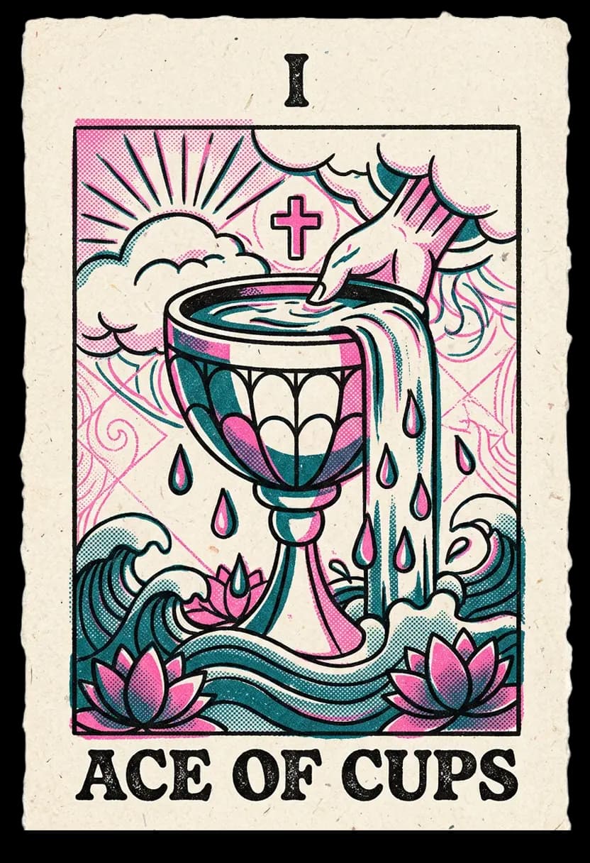 ไพ่เอซแห่งถ้วย ถ้วยล้นด้วยน้ำและนกพิราบ