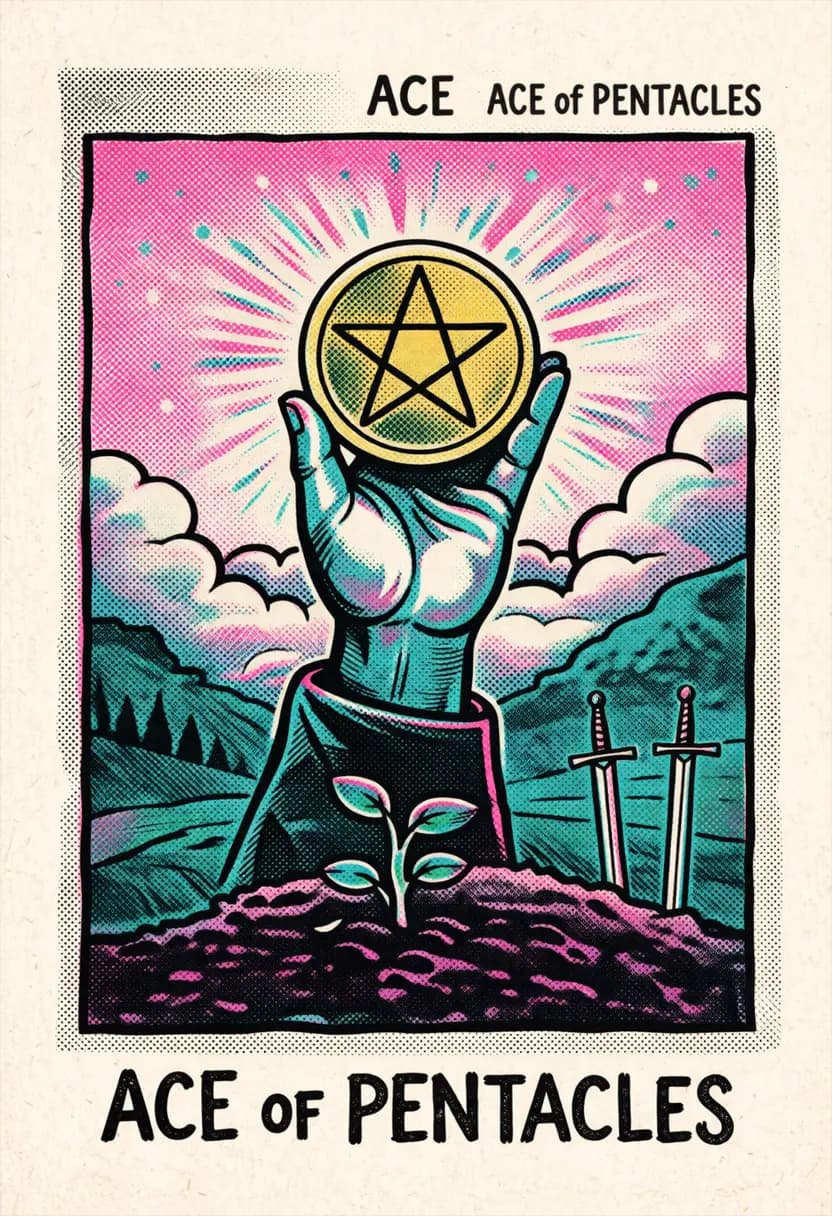 ไพ่เอซแห่งเหรียญ มือยื่นเหรียญเหนือสวนสีเขียว