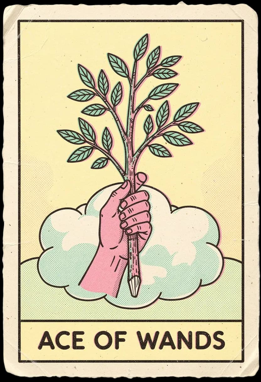 ไพ่เอซแห่งไม้เท้า มือถือไม้เท้าที่กำลังแตกใบ