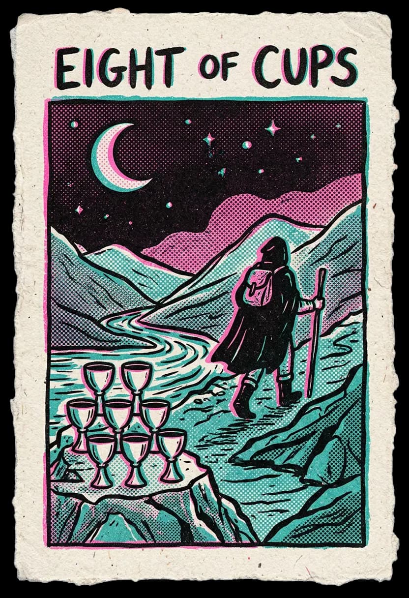 ไพ่แปดแห่งถ้วย ชายเดินจากถ้วยแปดใบภายใต้แสงจันทร์