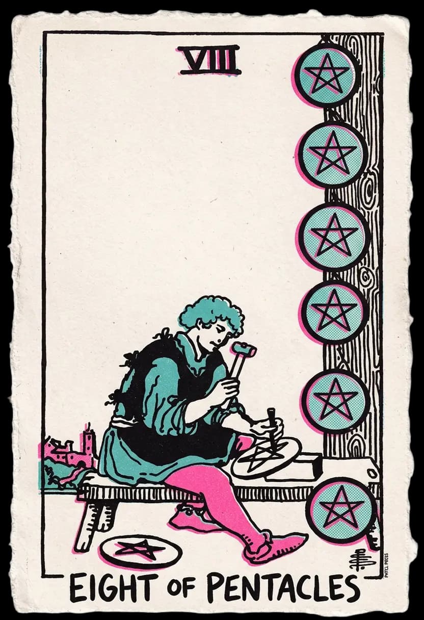 ไพ่แปดแห่งเหรียญ ช่างกำลังสลักเหรียญอย่างตั้งใจ