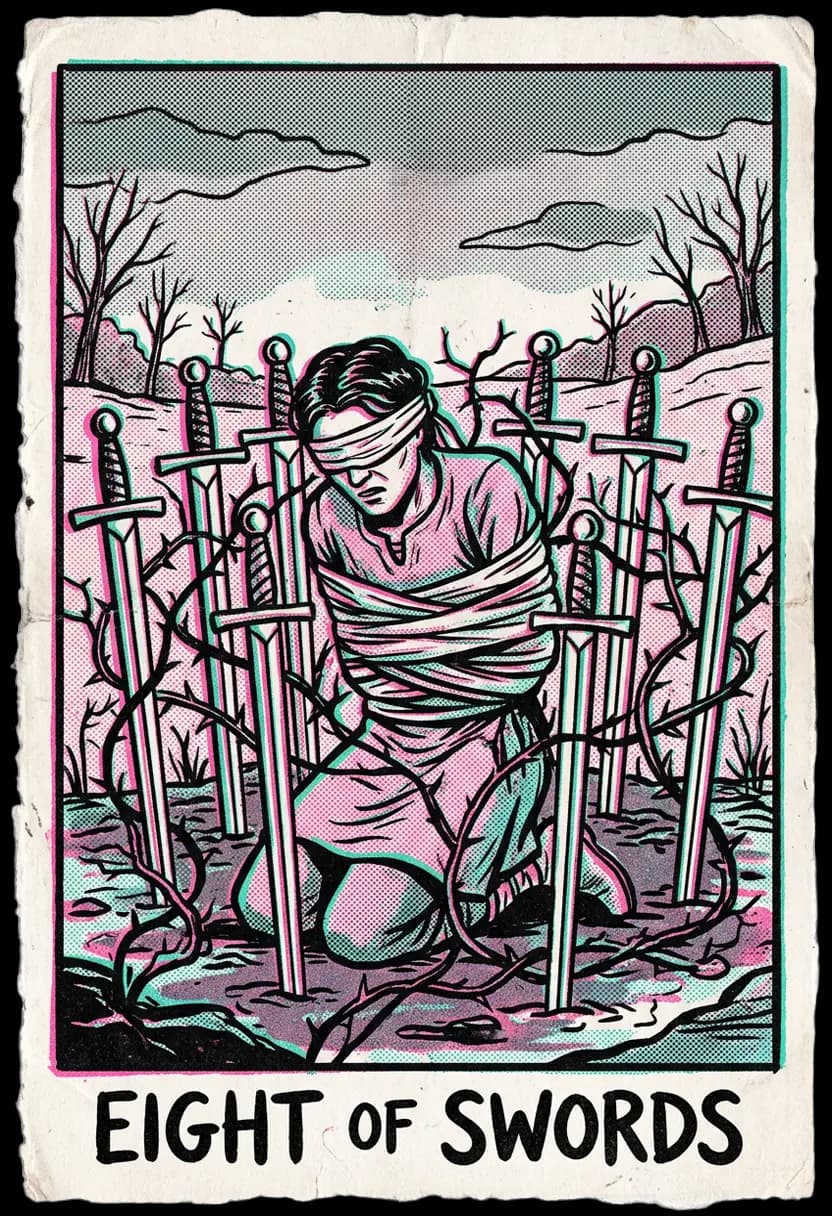 ไพ่แปดแห่งดาบ หญิงถูกปิดตาและล้อมด้วยดาบแปดเล่ม