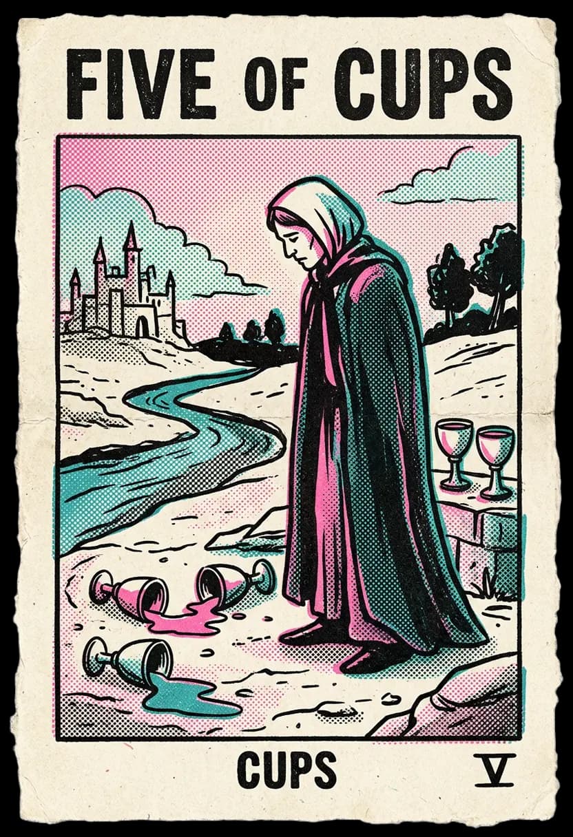 ไพ่ห้าแห่งถ้วย ชายคลุมผ้ายืนมองถ้วยที่ล้มสามใบ