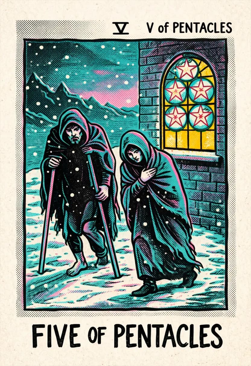 ไพ่ห้าแห่งเหรียญ คนสองคนเดินท่ามกลางหิมะข้างกระจกโบสถ์