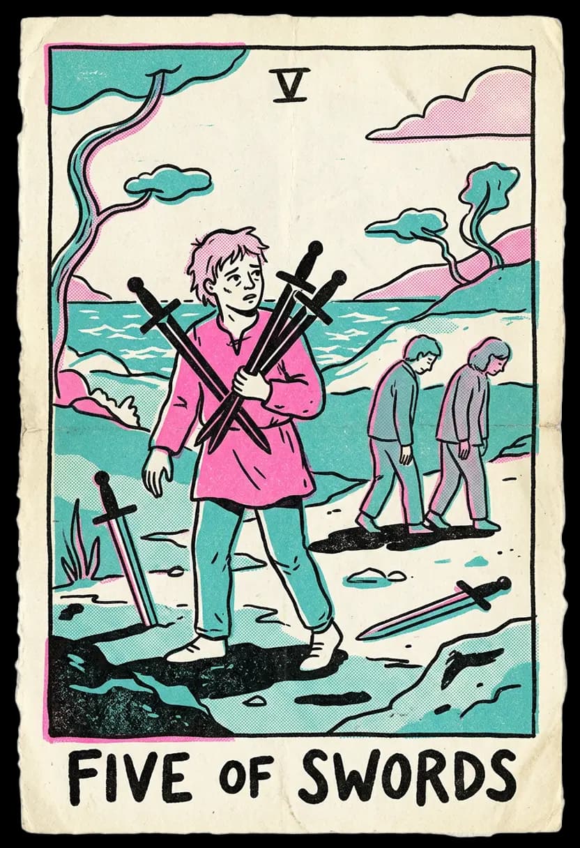 ไพ่ห้าแห่งดาบ ชายถือดาบหลายเล่มขณะคนอื่นเดินจากไป