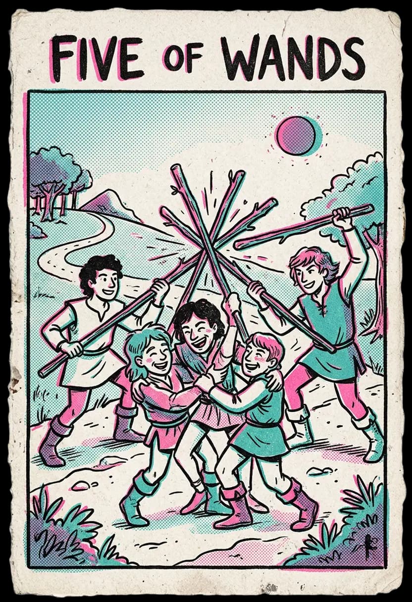 ไพ่ห้าแห่งไม้เท้า ผู้คนหลายคนถือไม้เท้าปะทะกัน