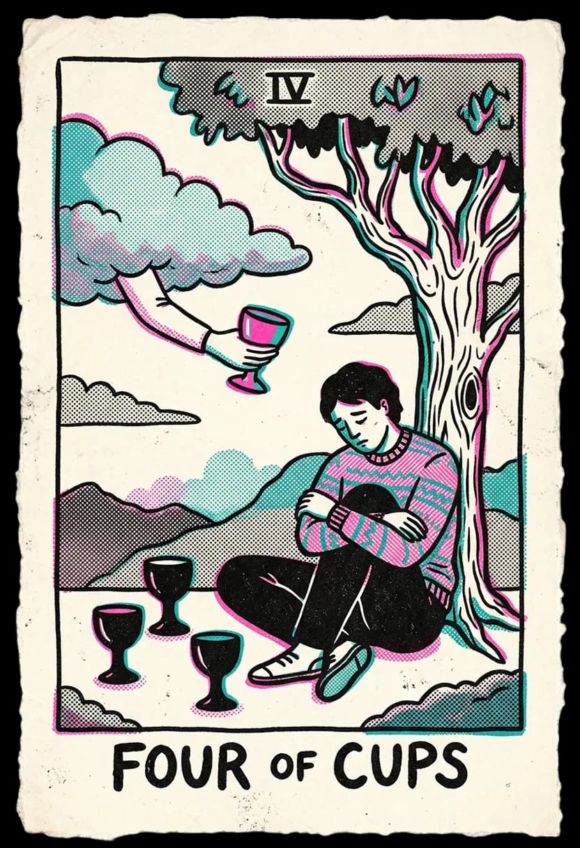 ไพ่สี่แห่งถ้วย ชายนั่งกอดอกมองถ้วยสามใบและมีถ้วยยื่นมาจากก้อนเมฆ