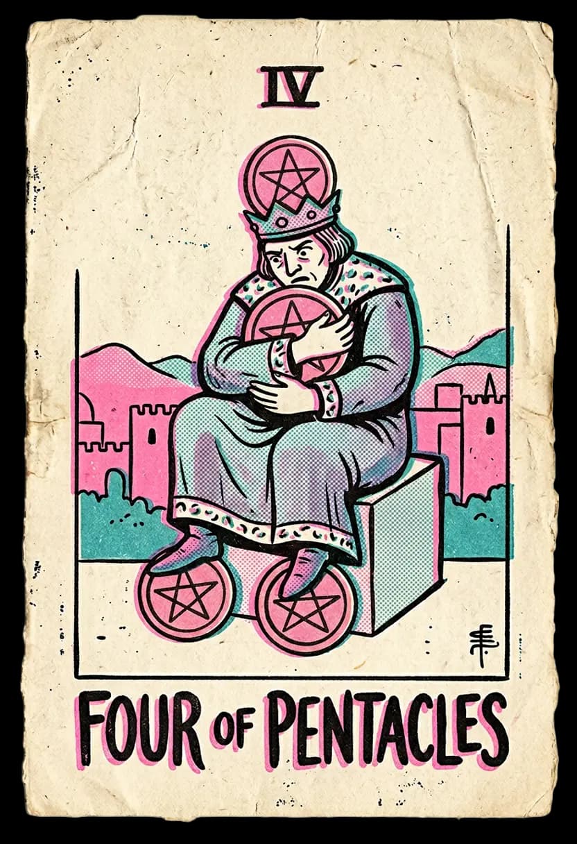 ไพ่สี่แห่งเหรียญ ชายกอดเหรียญแน่นและเหยียบเหรียญสองเหรียญไว้