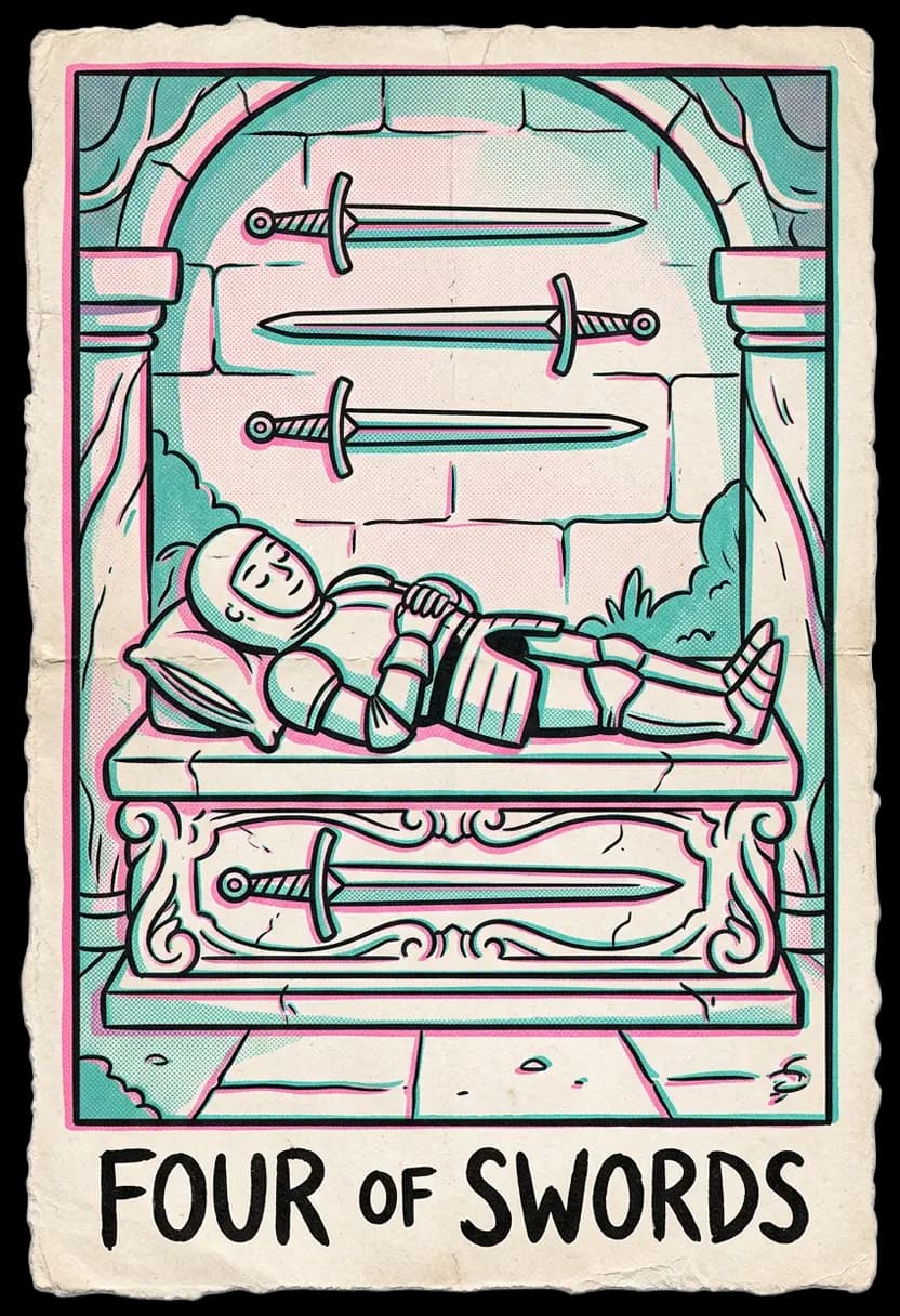 ไพ่สี่แห่งดาบ อัศวินนอนพักบนแท่นใต้ดาบที่แขวนอยู่