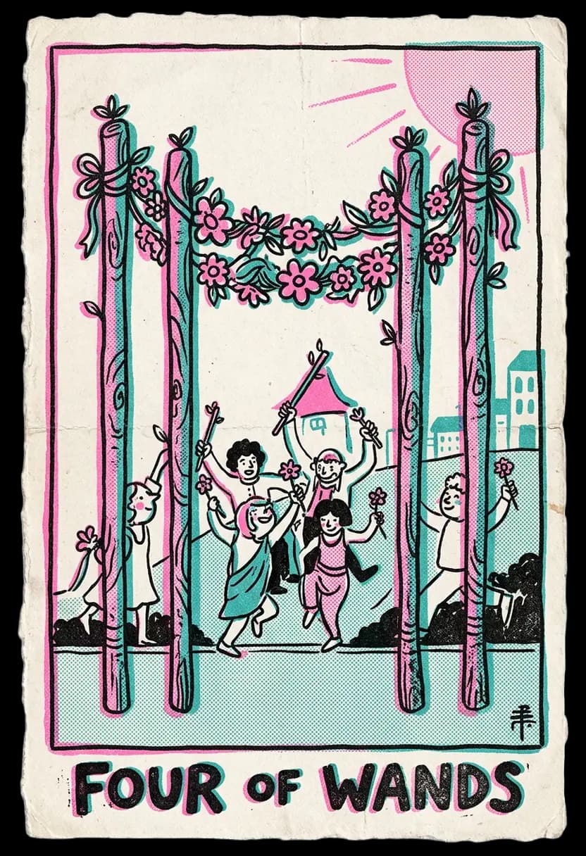 ไพ่สี่แห่งไม้เท้า ซุ้มไม้เท้าประดับดอกไม้และผู้คนกำลังฉลอง