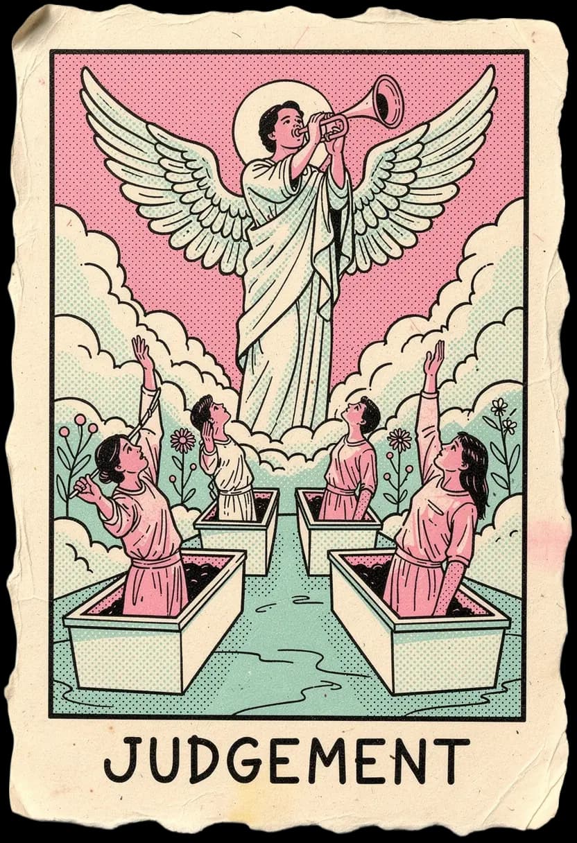 ไพ่จัดจ์เมนต์ เทวดาเป่าแตรเหนือผู้คนที่ลุกขึ้นจากโลง