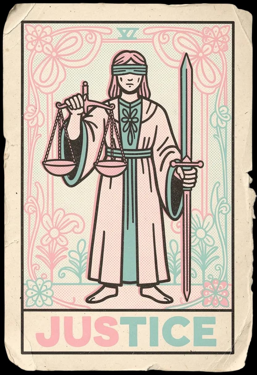 ไพ่จัสติส สตรีถือดาบและตาชั่งบนบัลลังก์