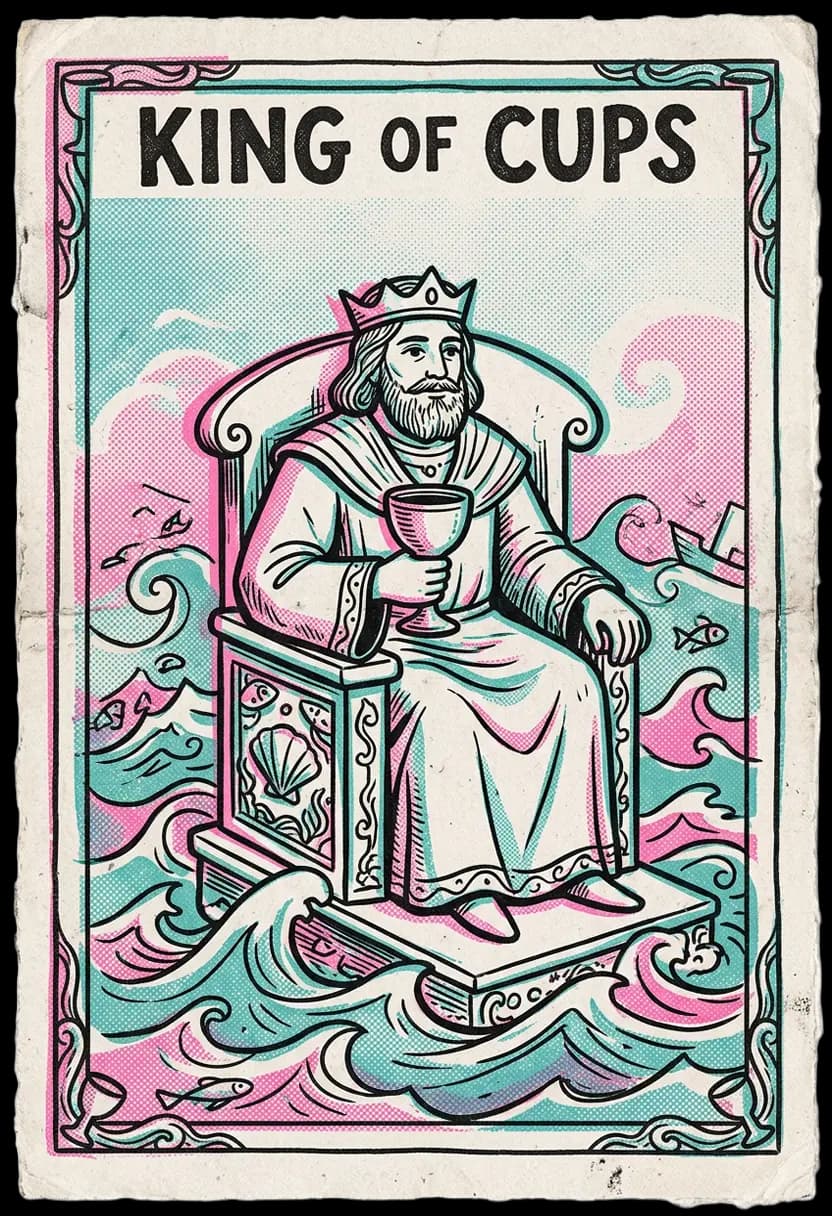 ไพ่ราชาแห่งถ้วย ราชานั่งบนบัลลังก์กลางทะเล