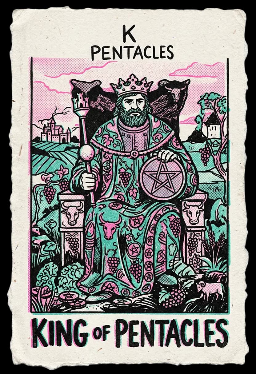 ไพ่ราชาแห่งเหรียญ ราชาประทับบนบัลลังก์ท่ามกลางสัญลักษณ์ความอุดมสมบูรณ์