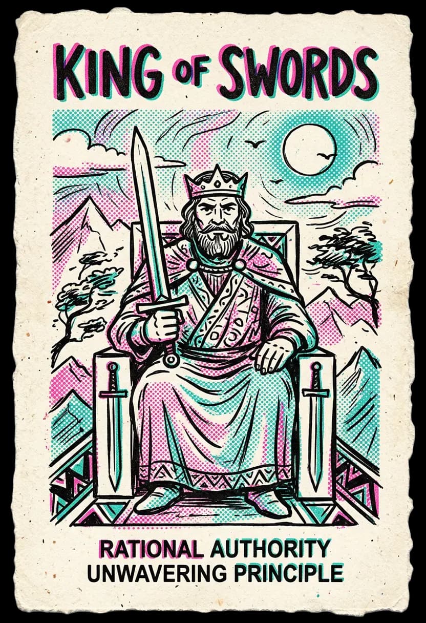 ไพ่ราชาแห่งดาบ ราชานั่งบนบัลลังก์ถือดาบตรง