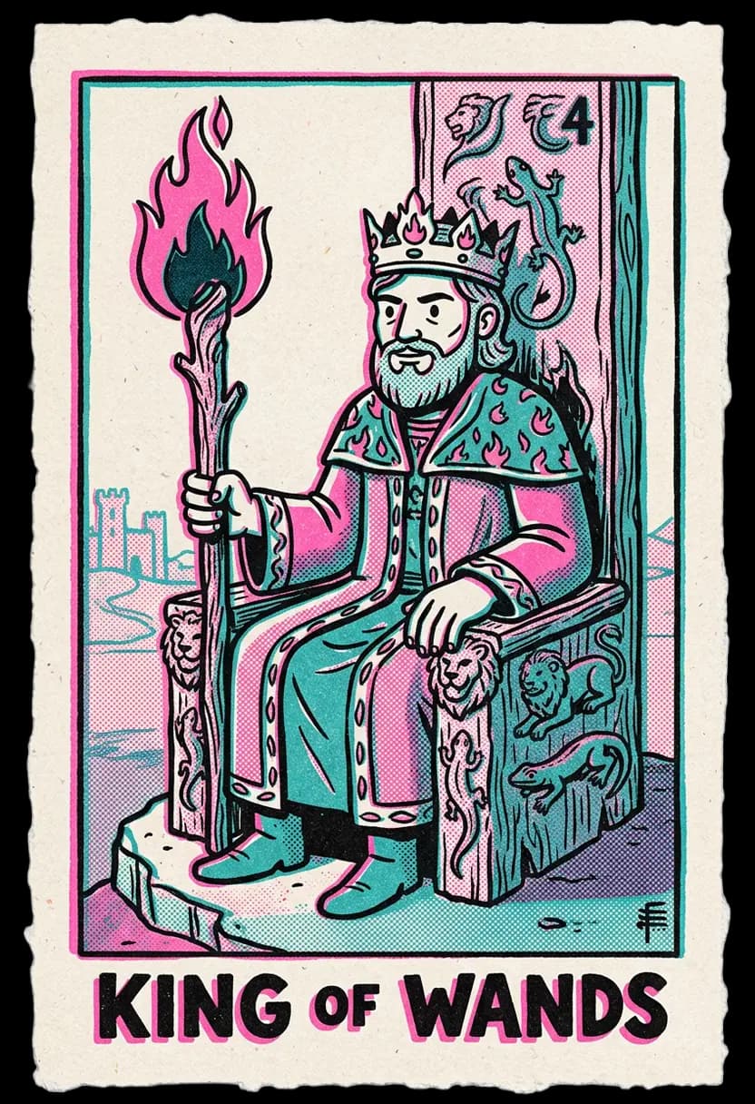 ไพ่ราชาแห่งไม้เท้า ราชาประทับบนบัลลังก์ถือไม้เท้า