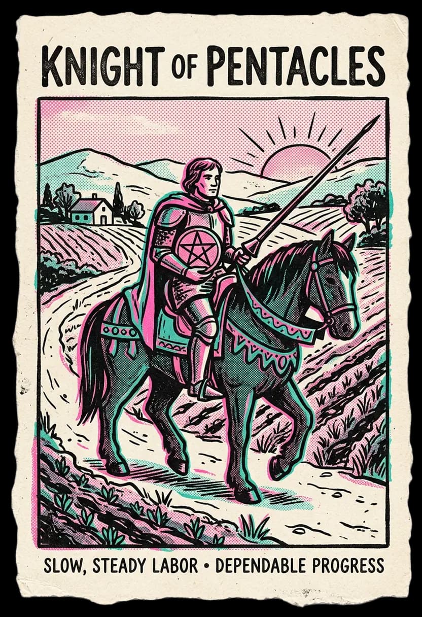 ไพ่อัศวินแห่งเหรียญ อัศวินถือเหรียญนั่งบนม้าที่นิ่งกลางทุ่ง