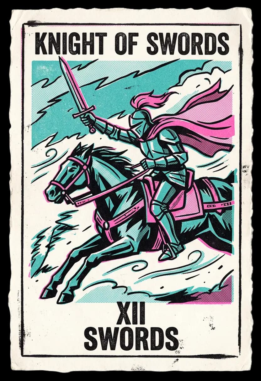 ไพ่อัศวินแห่งดาบ อัศวินขี่ม้าพุ่งไปข้างหน้าท่ามกลางลมแรง