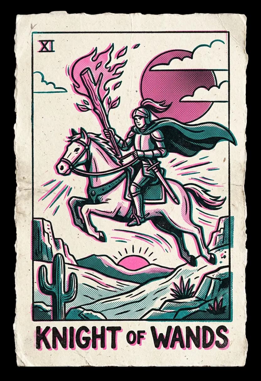 ไพ่อัศวินแห่งไม้เท้า อัศวินขี่ม้าถือไม้เท้าพุ่งไปข้างหน้า