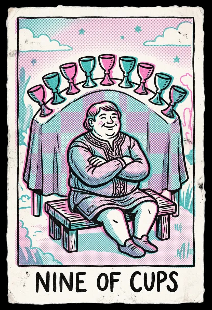 ไพ่เก้าแห่งถ้วย ชายนั่งยิ้มหน้าถ้วยเก้าใบ