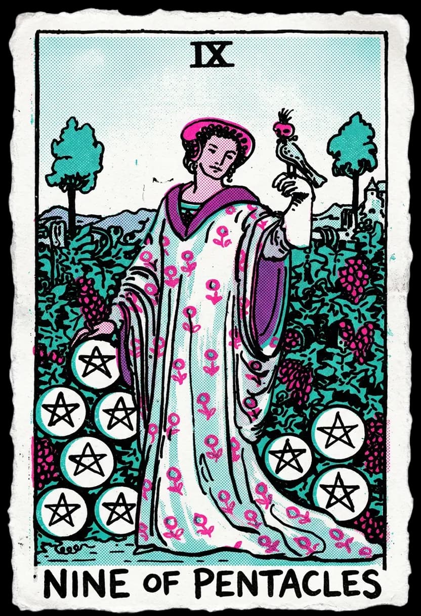 ไพ่เก้าแห่งเหรียญ หญิงยืนในสวนองุ่นพร้อมนกเหยี่ยว