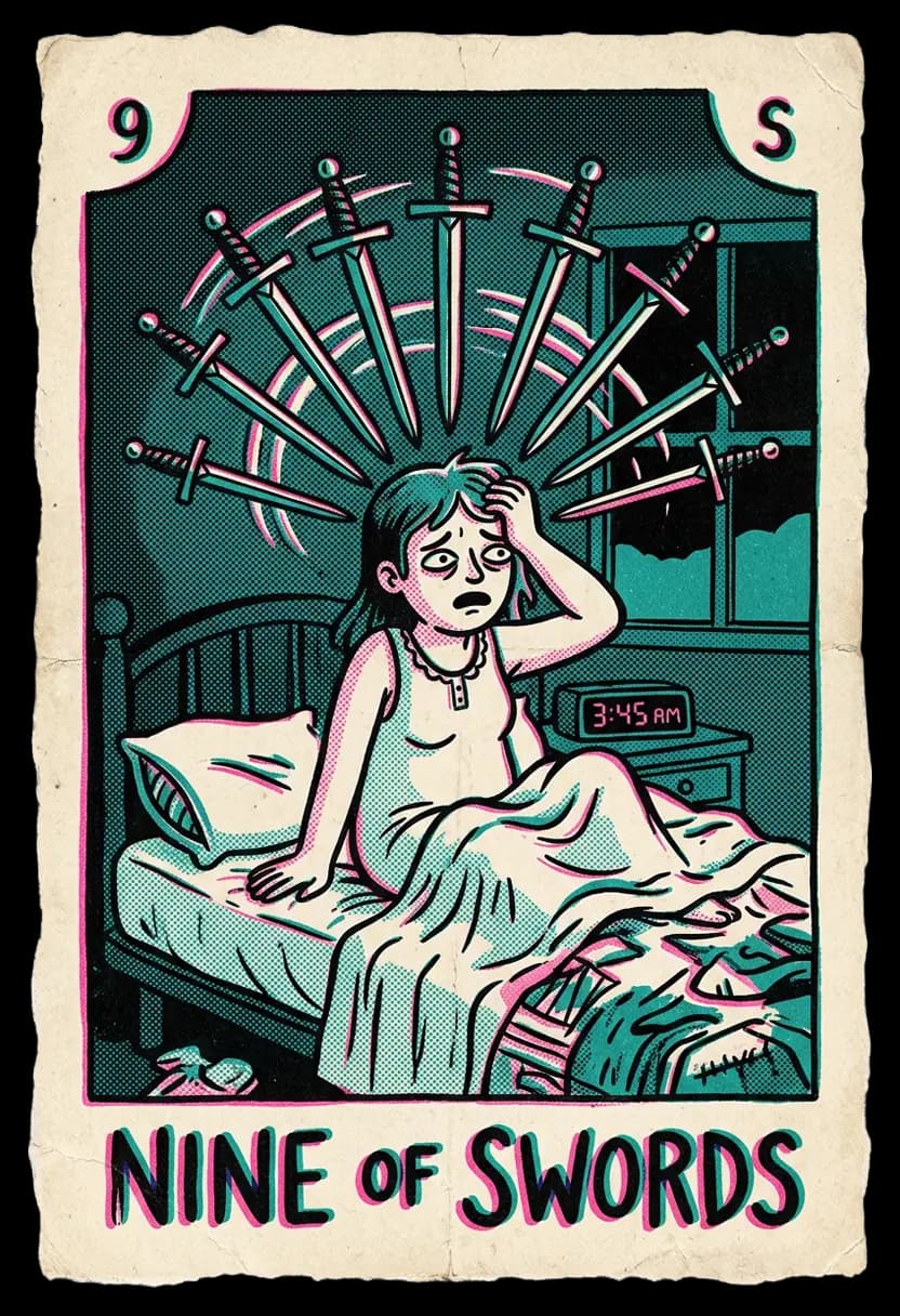 ไพ่เก้าแห่งดาบ คนนั่งกุมหน้าบนเตียงและมีดาบเก้าเล่มแขวนอยู่