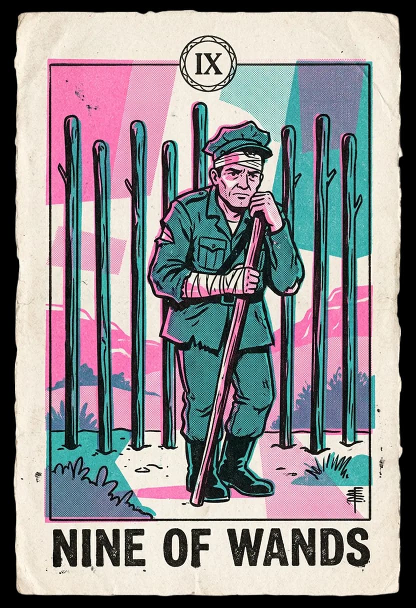 ไพ่เก้าแห่งไม้เท้า ชายพันแผลยืนเฝ้าไม้เท้า