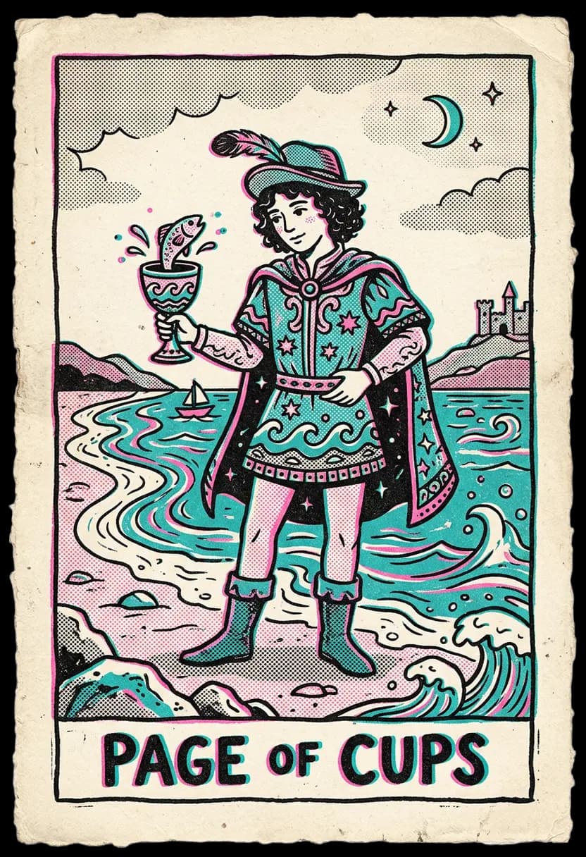 ไพ่เพจแห่งถ้วย เพจถือถ้วยที่มีปลาโผล่ขึ้นมา