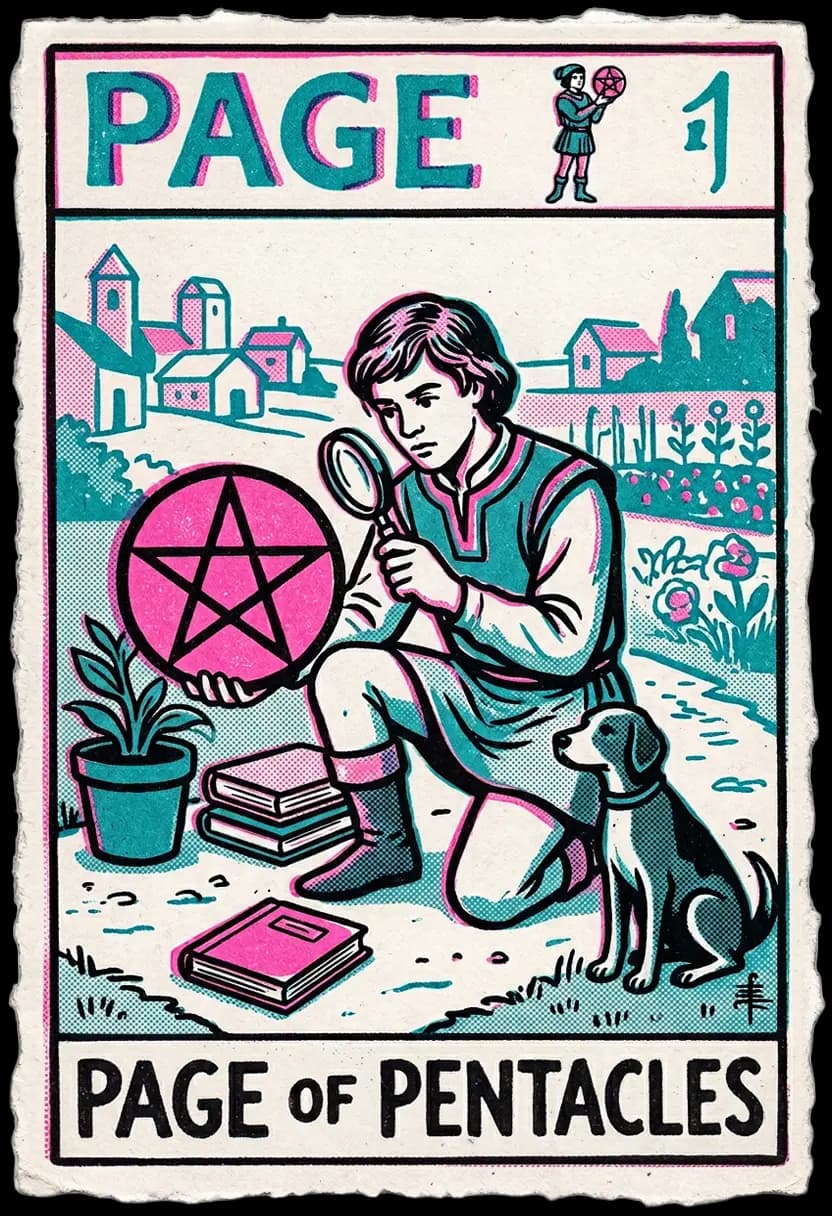 ไพ่เพจแห่งเหรียญ เพจยืนมองเหรียญในมืออย่างตั้งใจ