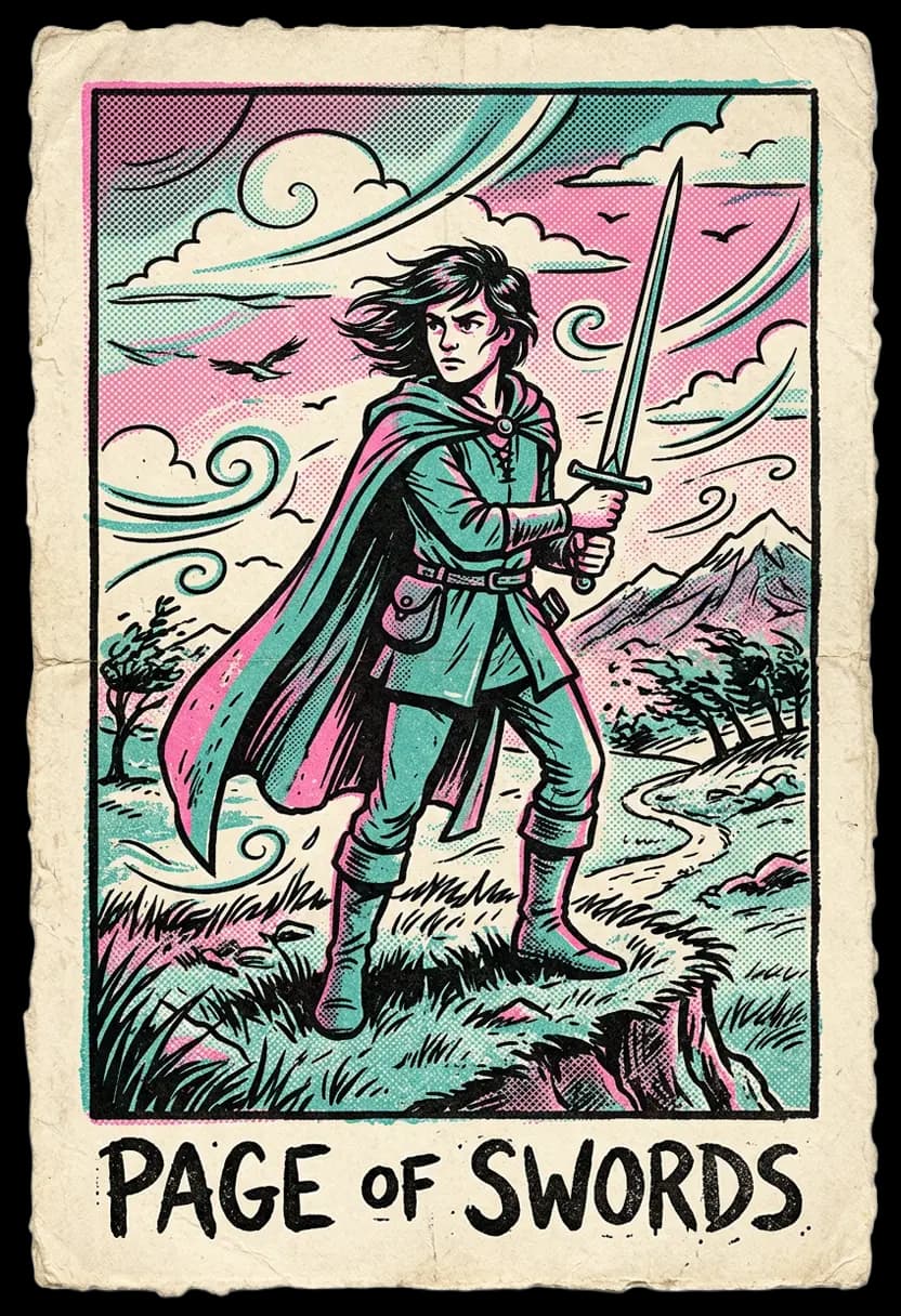 ไพ่เพจแห่งดาบ เพจยืนถือดาบท่ามกลางลมแรง