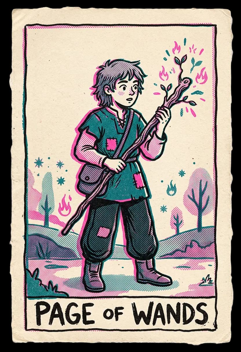 ไพ่เพจแห่งไม้เท้า เยาวชนถือไม้เท้ากลางทะเลทราย