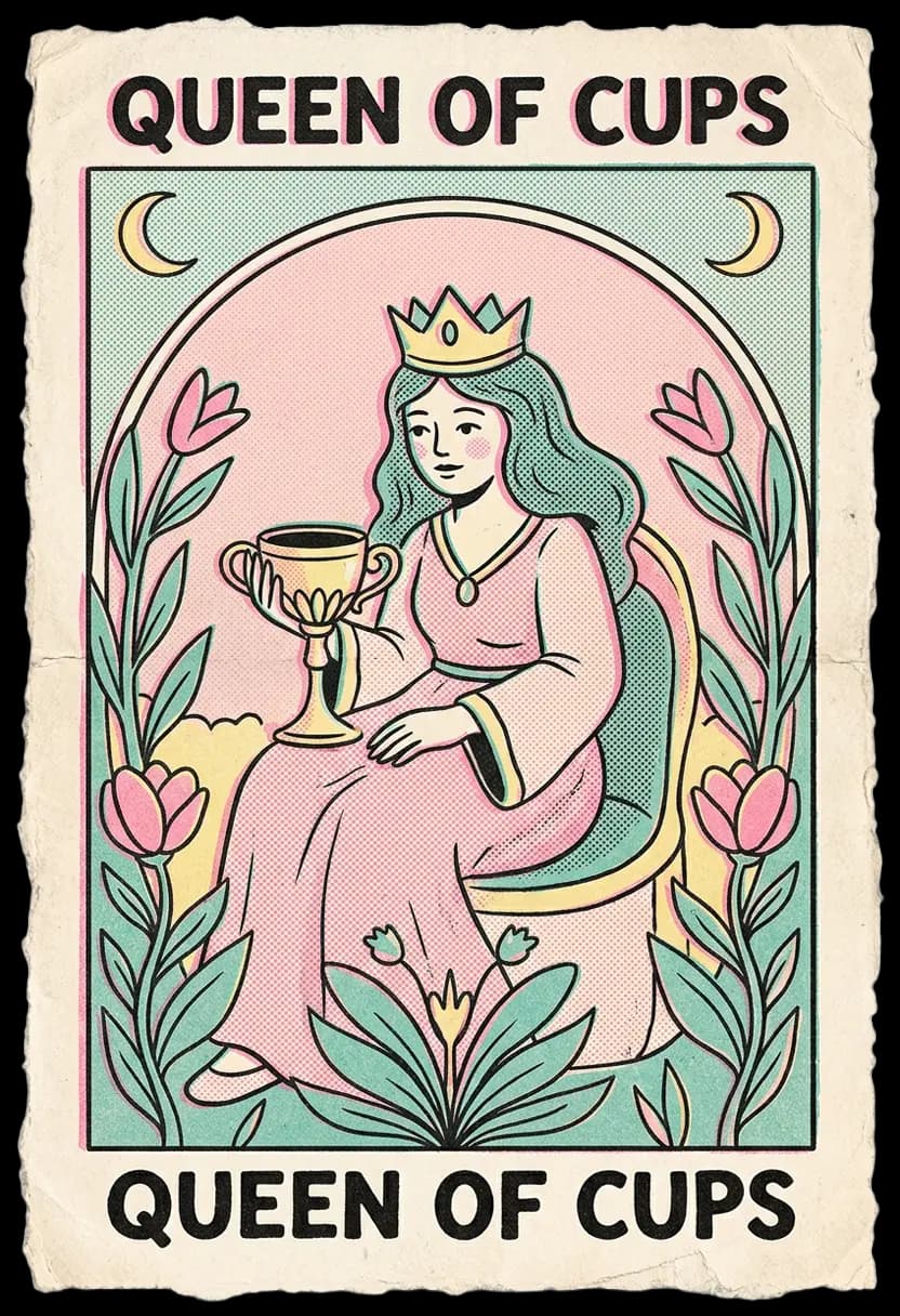 ไพ่ราชินีแห่งถ้วย ราชินีจ้องมองถ้วยปิดฝาอย่างตั้งใจ