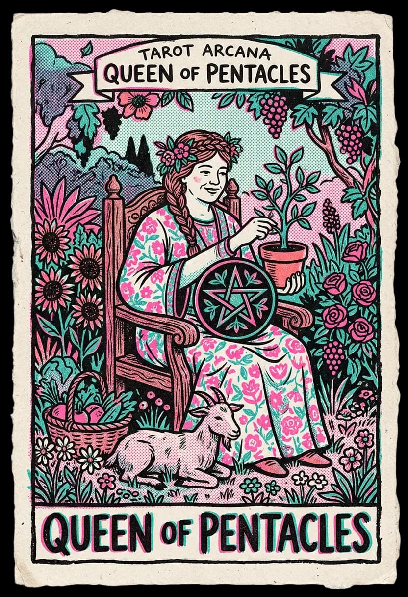 ไพ่ราชินีแห่งเหรียญ ราชินีอุ้มเหรียญท่ามกลางสวนเขียว