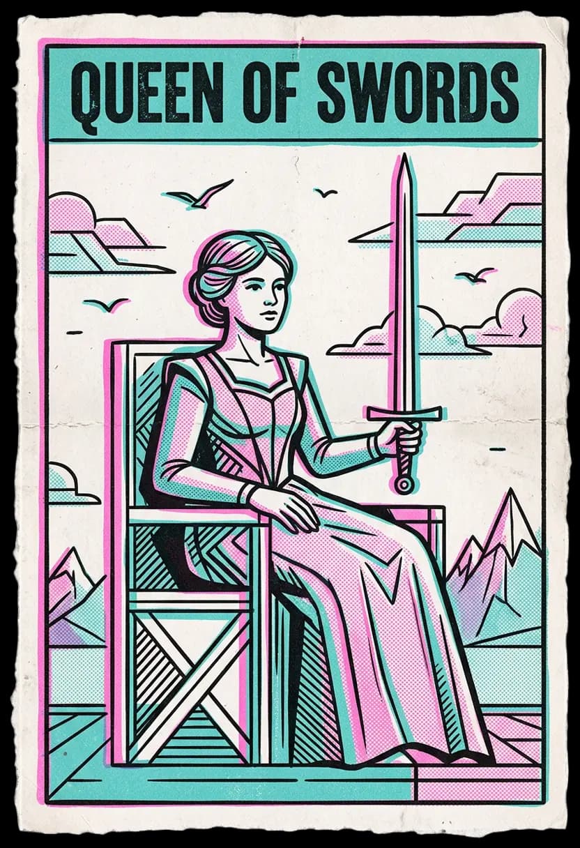 ไพ่ราชินีแห่งดาบ ราชินีถือดาบและยื่นมือออกไป