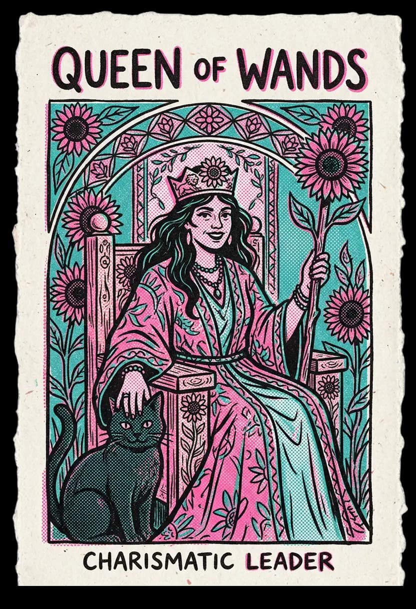 ไพ่ราชินีแห่งไม้เท้า ราชินีถือดอกทานตะวันและมีแมวดำอยู่ใกล้ตัว