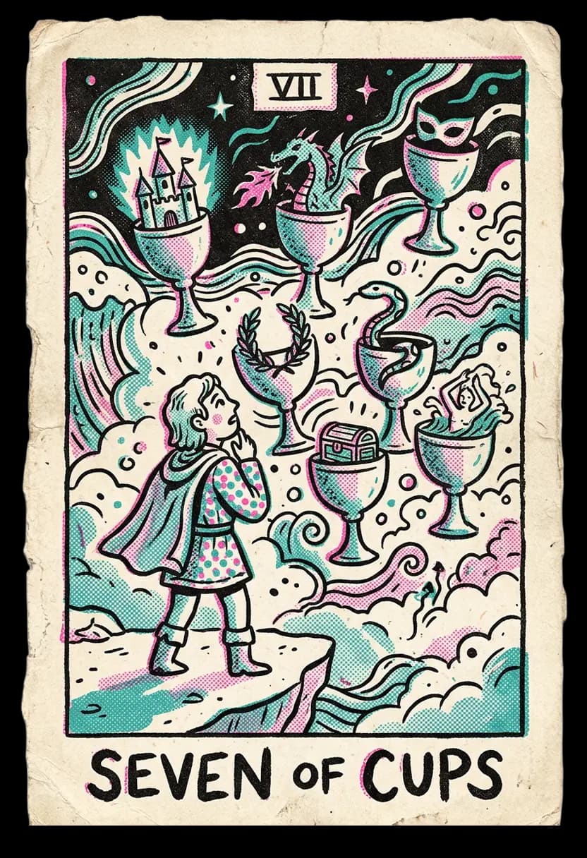 ไพ่เจ็ดแห่งถ้วย ถ้วยหลายใบลอยอยู่ในเมฆพร้อมสิ่งของต่างกัน