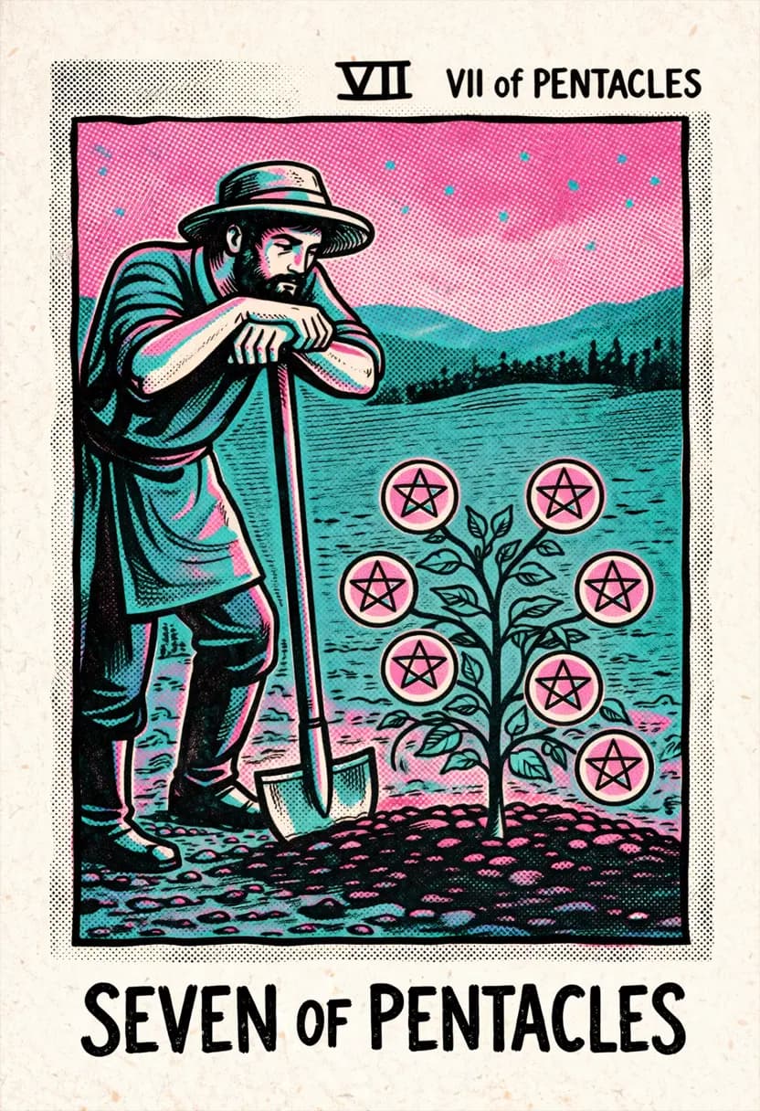 ไพ่เจ็ดแห่งเหรียญ ชายยืนมองพุ่มไม้ที่มีเหรียญงอกอยู่