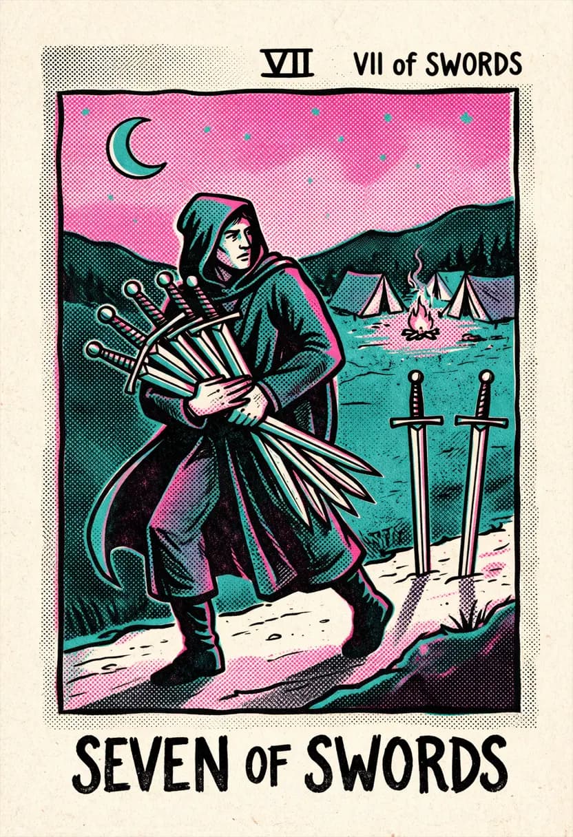 ไพ่เจ็ดแห่งดาบ ชายแอบหยิบดาบแล้วเดินหนีจากค่าย