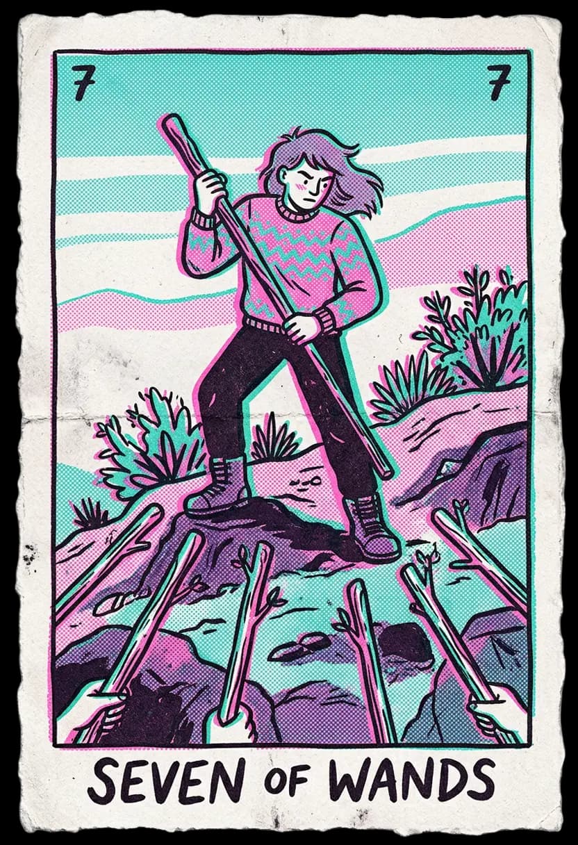 ไพ่เจ็ดแห่งไม้เท้า ชายยืนบนที่สูงป้องกันไม้เท้าจากด้านล่าง