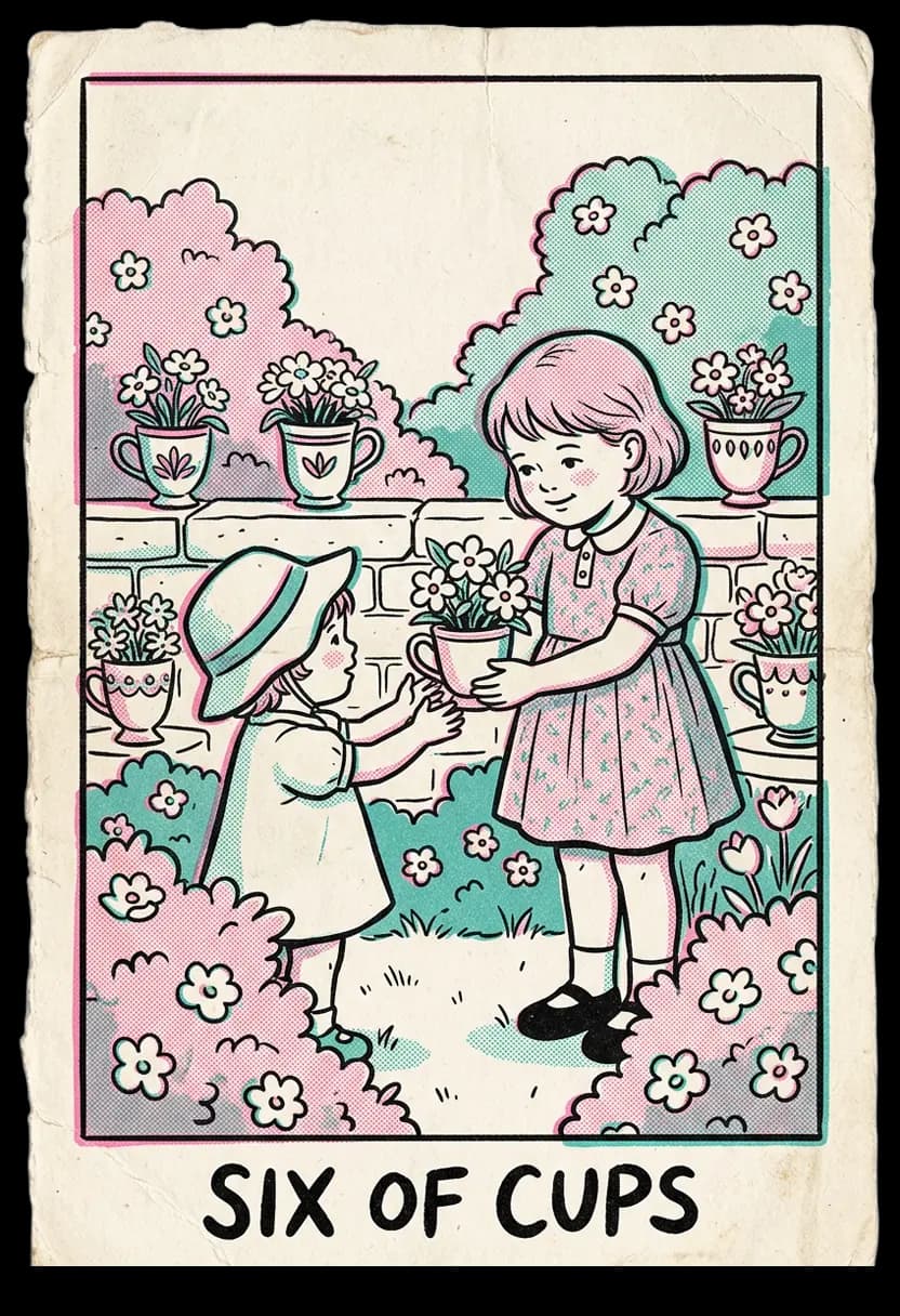 ไพ่หกแห่งถ้วย เด็กสองคนแลกถ้วยดอกไม้กัน