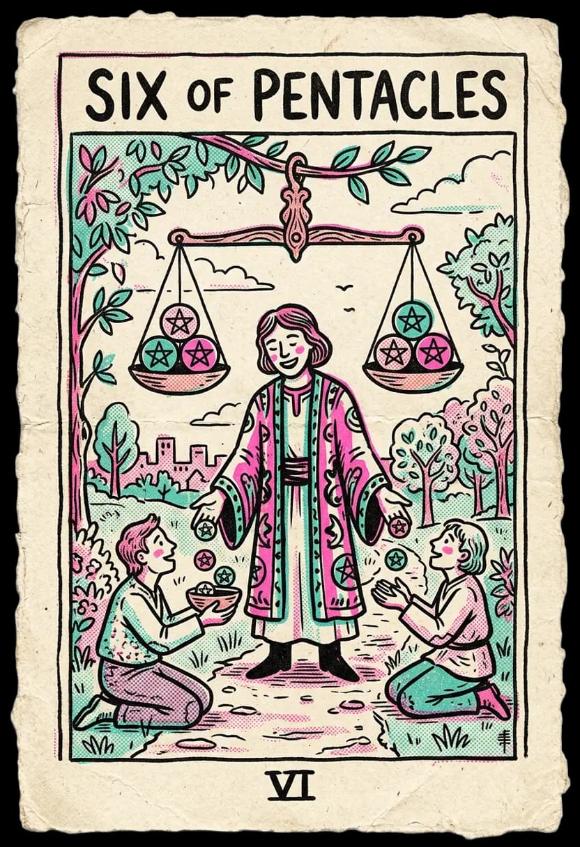 ไพ่หกแห่งเหรียญ ชายกำลังแจกเหรียญให้ผู้คนพร้อมถือเครื่องชั่ง