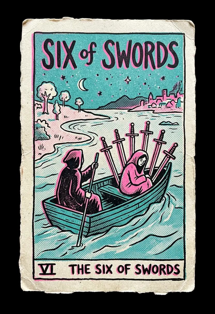 ไพ่หกแห่งดาบ เรือพาผู้คนข้ามน้ำพร้อมดาบหกเล่ม