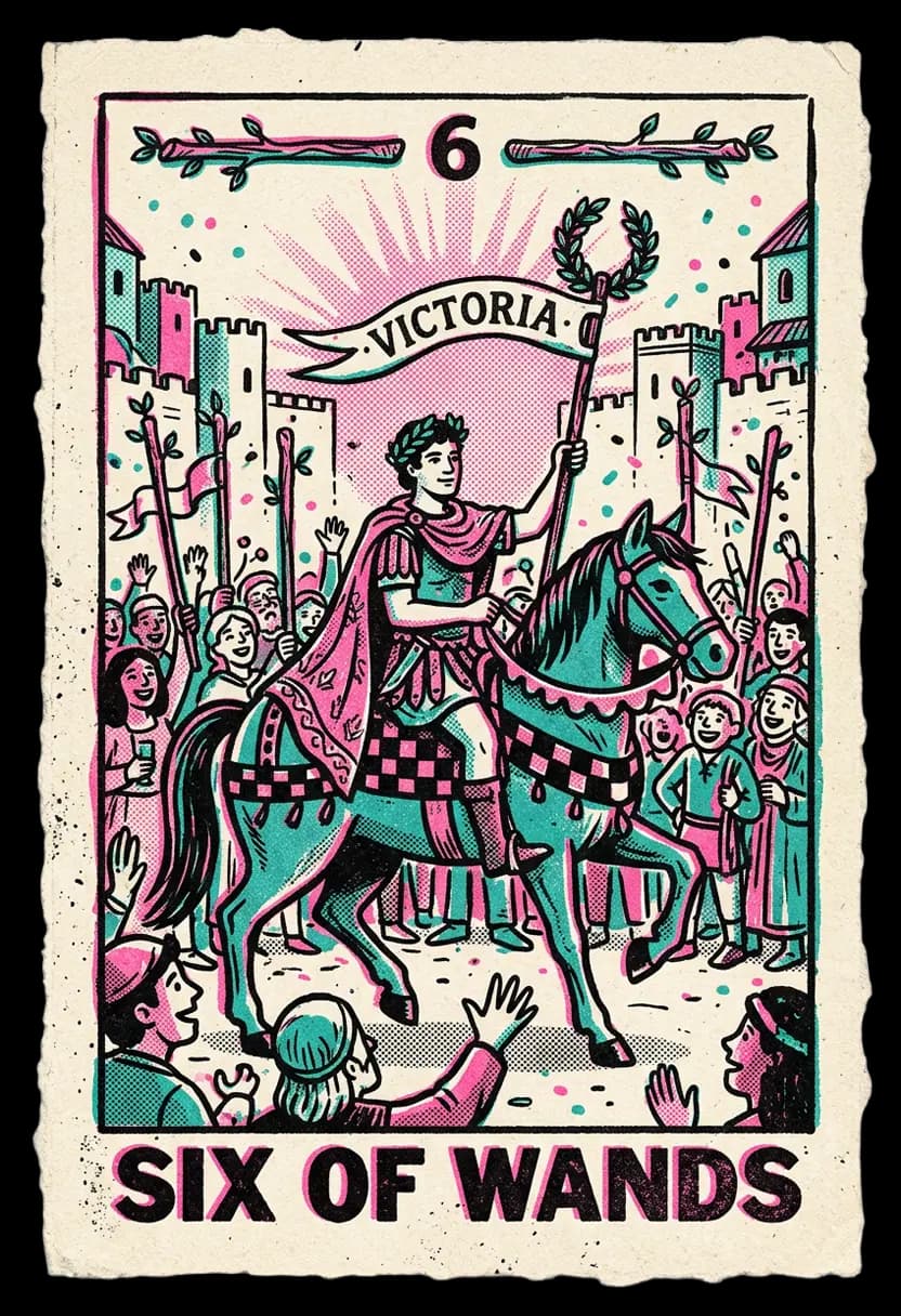 ไพ่หกแห่งไม้เท้า ชายขี่ม้าถือไม้เท้าที่มีพวงมาลัย