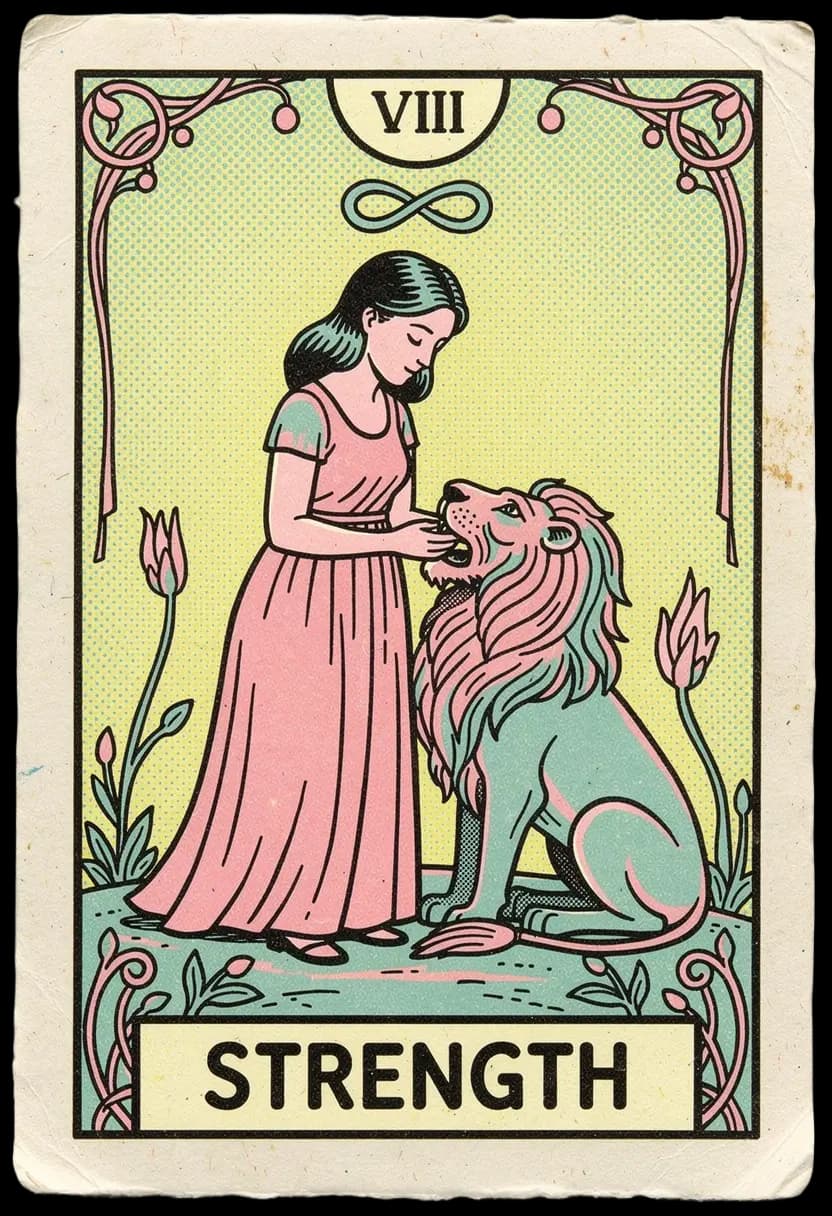 ไพ่สเตร็งธ์ หญิงสาวลูบหัวสิงโตอย่างสงบ