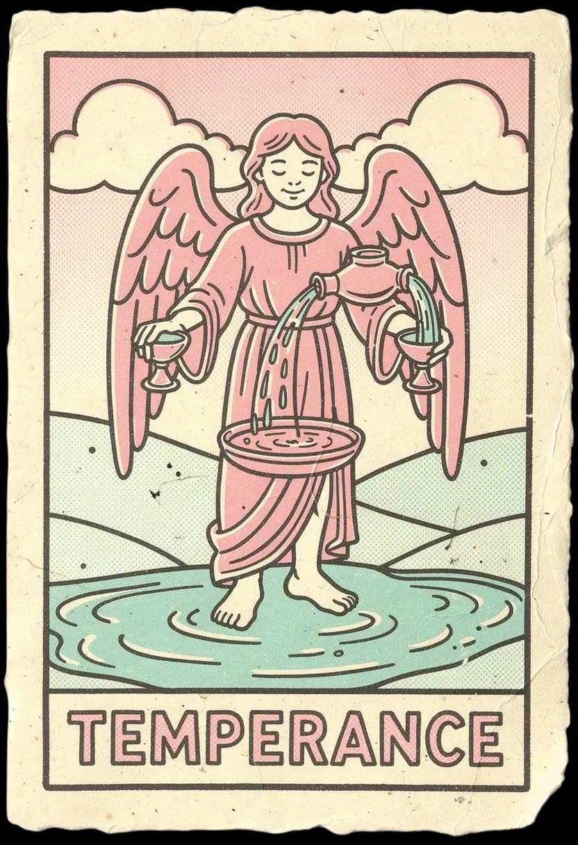 ไพ่เท็มเพอแรนซ์ เทวดาถ่ายน้ำระหว่างถ้วยสองใบ