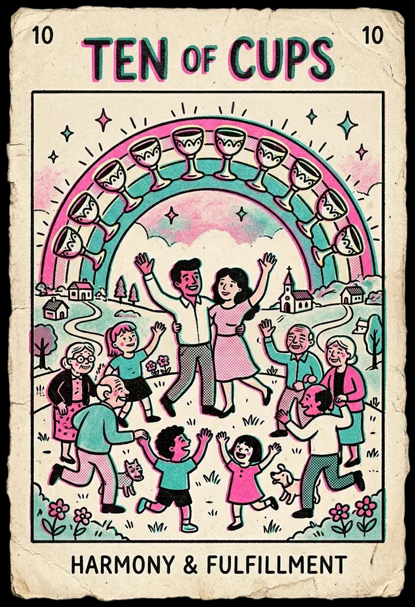 ไพ่สิบแห่งถ้วย ครอบครัวยืนใต้สายรุ้งที่มีถ้วยสิบใบ