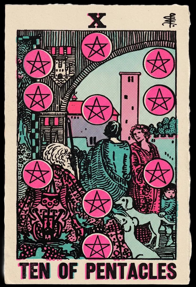 ไพ่สิบแห่งเหรียญ ครอบครัวหลายรุ่นอยู่ร่วมกันพร้อมเหรียญสิบเหรียญ