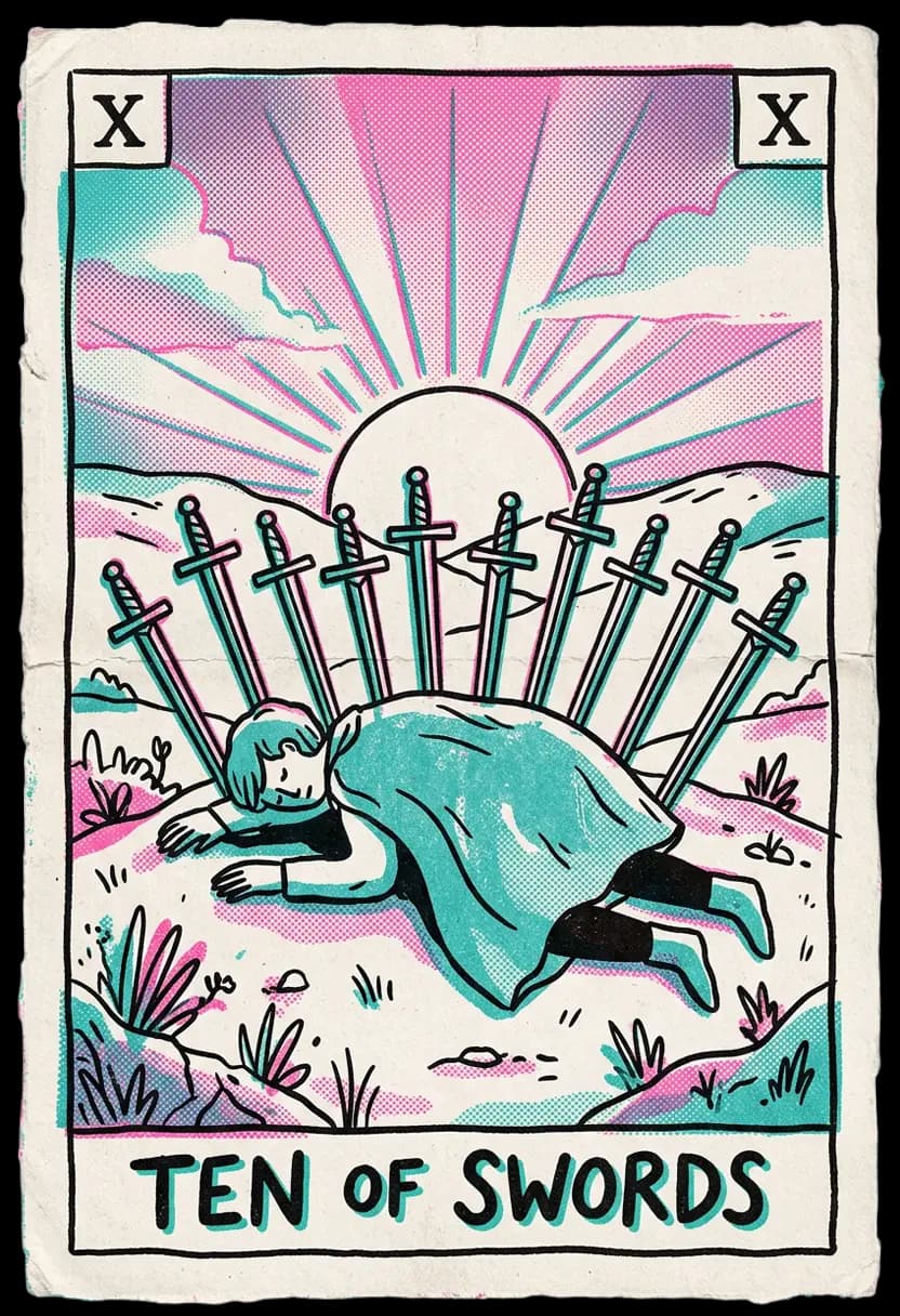 ไพ่สิบแห่งดาบ ร่างคนถูกดาบสิบเล่มปักและมีแสงอรุณที่ขอบฟ้า