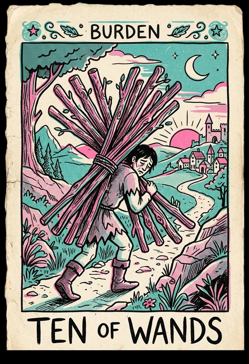 ไพ่สิบแห่งไม้เท้า ชายแบกไม้เท้าสิบอันก้มหน้าเดิน