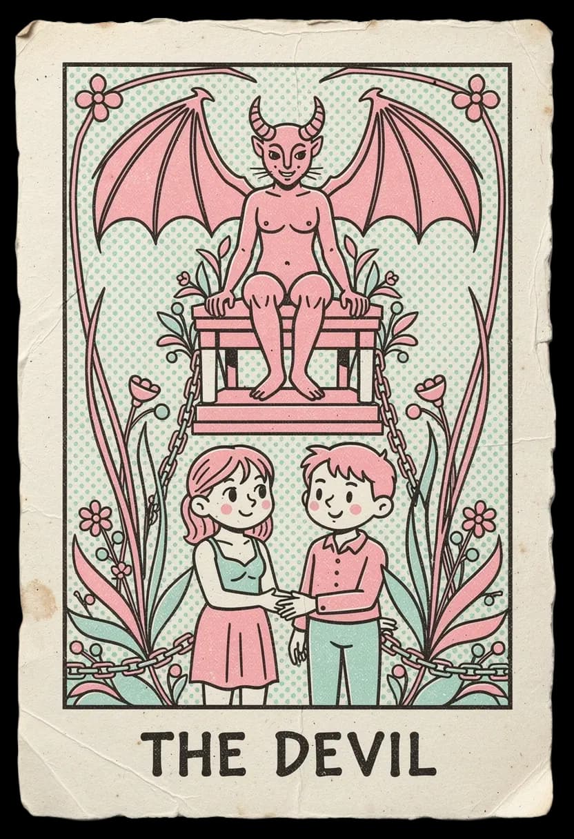 ไพ่เดอะ เดวิล ปีศาจยืนเหนือชายหญิงที่ถูกล่ามโซ่